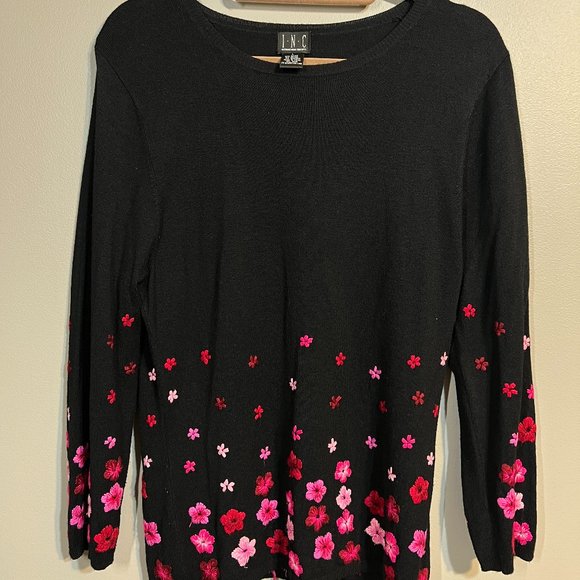 INC International Concepts Black Sweater w/ Embroidered Pink Flowers - Picture 2 of 6